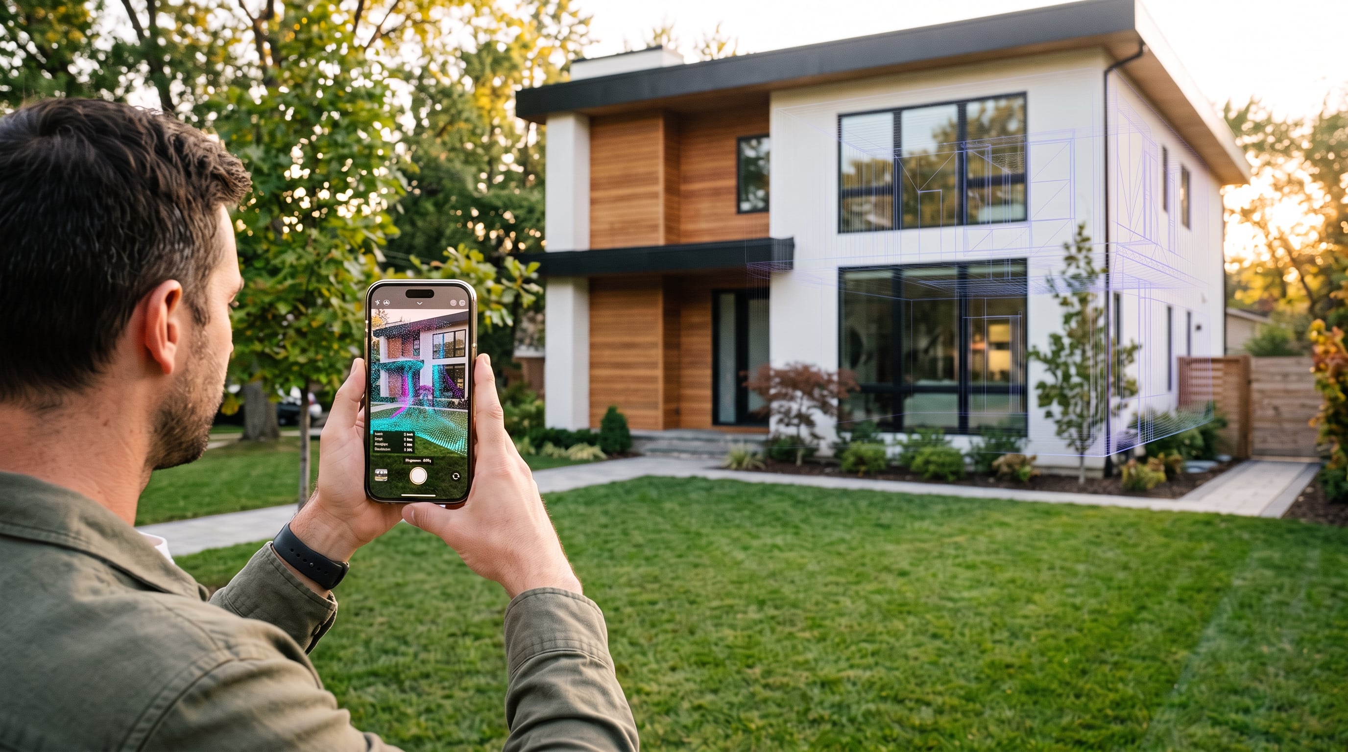 A man standing outside a house, holding up his phone to scan the building with its camera and LiDAR sensor